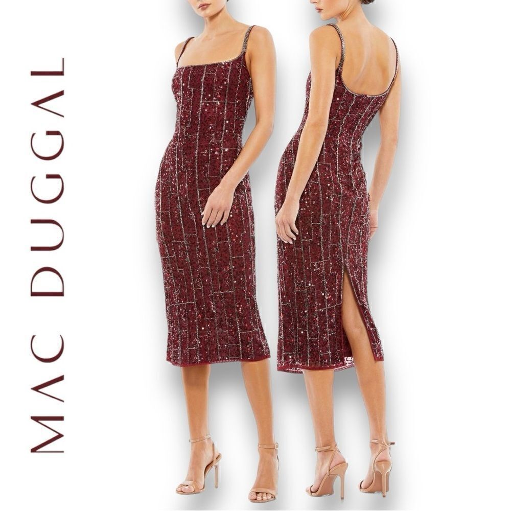 MAC DUGGAL Women’s Embellished Sequined Square Neck in the Size 4 in Burgundy
